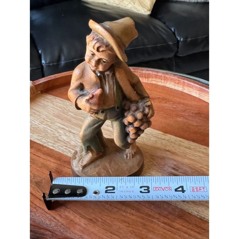 A Senoner Tinderla Hand Carved Wood Boy Figurine Grapes Pear Ortisei Italy